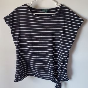 LAUREN RALPH LAUREN Black and white top with side tie. Size Large
